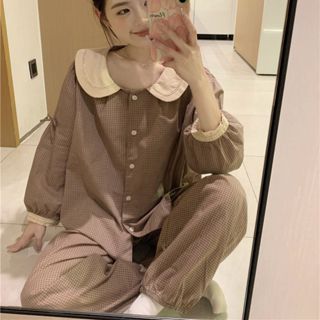 娃娃領睡衣女 女生睡衣 開衫睡衣 薄款長袖睡衣 長袖長褲睡衣套裝 可外穿睡衣 簡約時尚女士睡衣 日系睡衣女