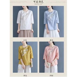 中國風夏季新款刺繡棉麻七分袖T恤 新中式復古文藝盤扣寬鬆大碼圓領上衣短袖 民族風寬鬆顯瘦斜襟中式盤扣小衫