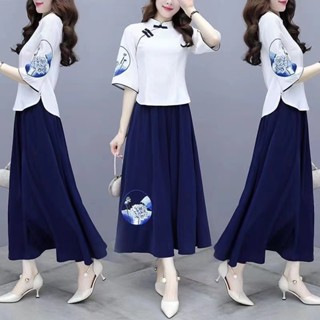 民國風改良旗袍套裝 大尺碼漢服女 中國風茶服 少女唐裝 中式女上衣 百搭繡花半身裙 民族風棉麻套裝 大尺碼套裝