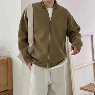 韓版立領針織開衫 外套男士 秋冬季2024新款 慵懶風外穿 簡約寬松休閑毛衣外套 落肩 男生上衣 針織外套