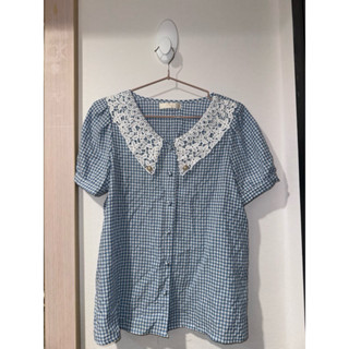 Ruby露比午茶 藍格紋娃娃領上衣 二手衣服M碼