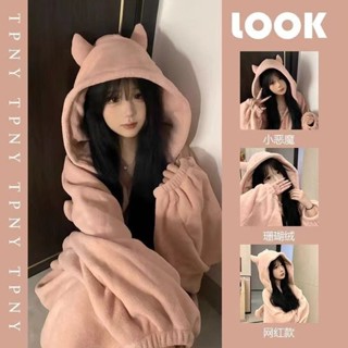 【臺灣出貨】小惡魔睡袍女 連帽加絨加厚珊瑚絨睡衣 冬季新款 少女休閑居家服睡裙 情侶睡衣 大呎碼睡衣