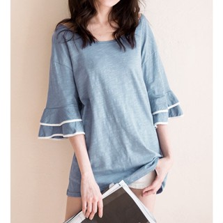 「M~XL。臺灣現貨」2色 滾邊荷葉袖 竹節棉上衣 (C1134)