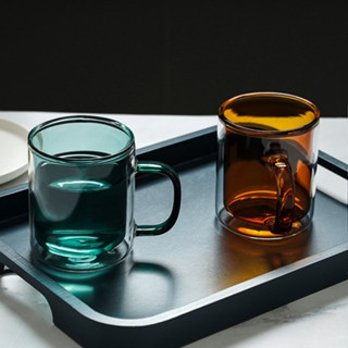 【 臺灣現貨 】 雙層玻璃杯 300ML 2色 手把玻璃杯 透明玻璃杯 炫彩杯 七彩杯