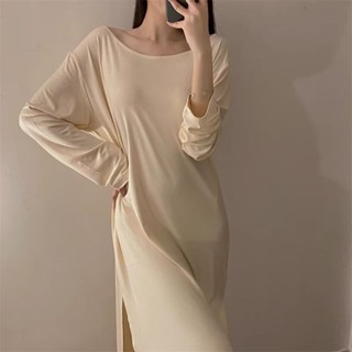 45-100公斤寬鬆睡裙 性感美背睡衣 大尺碼睡裙 家居服 連衣裙 女生睡裙 長褲 開叉 寬鬆 休閒睡衣睡裙 長袖睡裙