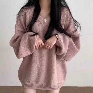 【Joybuy】韓系秋冬V領寬鬆休閒中長燈籠袖針織毛衣女裝