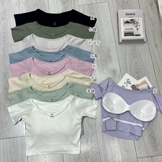 【Fee現貨9色】豬鼻短袖圓領上衣 Bra top🌸高彈性 一字領 短版上衣 可拆胸墊 顯胸上衣 韓系女裝