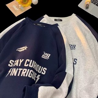 臺灣發貨 港風復古大學T M-3XL 字母印花 撞色設計 落肩 簡約百搭 情侶裝 衛衣男 套頭 tee 大學T 長袖上衣