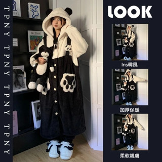 秋冬新款💯可愛熊貓毛毛睡衣女 珊瑚絨加厚秋冬季新款 甜美加絨保暖居傢服睡袍套裝 法蘭絨大尺碼睡衣 睡袍套裝 冬天家居服