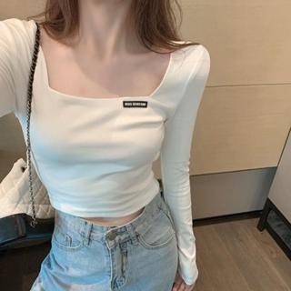FUXI 方領上衣女 長袖上衣 短版上衣 長袖t恤 韓版修身顯瘦露臍上衣 素色內搭 打底衫 女裝 衣服【A6855】