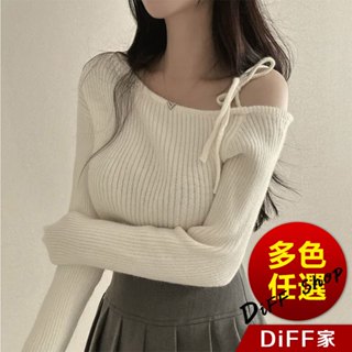 【DIFF】韓版氣質斜肩綁帶針織上衣 毛衣 長袖上衣 女裝 衣服 保暖上衣 冬天女裝 秋冬女裝 發熱衣【W521】