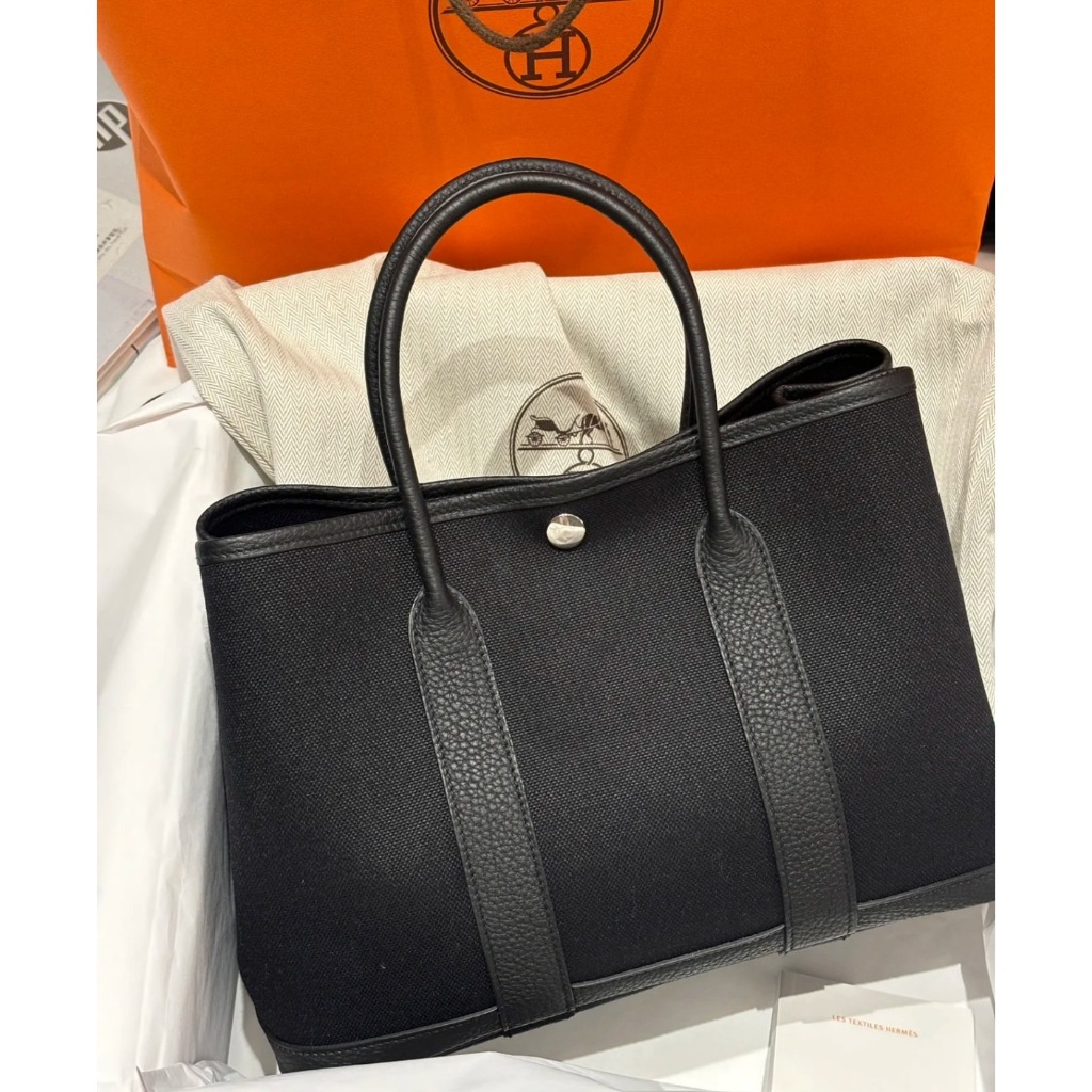 愛馬仕 Hermes garden party 30😊 全黑 帆布拚接