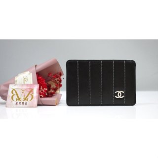 ☆優買二手精品名牌店☆ CHANEL LOGO 雙C銀釦 黑色羊皮縫線 悠遊卡夾名片夾信用卡包卡片夾 美品