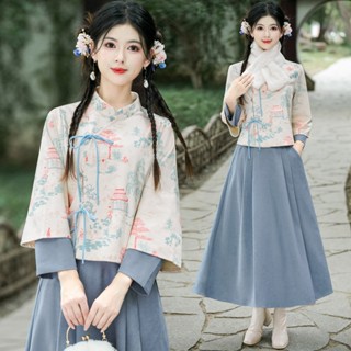 桃園出貨多款可選 S-4XL 新中式女裝 國風服飾 大尺碼套裝女 漢服女改良 杏色長袖刺繡上衣女 紅色半身長裙套