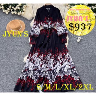 JYUN'S秋冬新款歐美小眾高階女裝洋裝秋立領單排扣綁帶印花長禮服裙大尺碼洋裝1色S~2XL預購