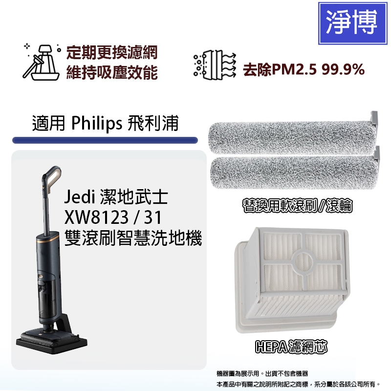 適用Philips 飛利浦Jedi 潔地武士 XW8123/31雙滾刷智慧洗地機拖地機HEPA濾網濾芯軟毛刷滾刷滾輪