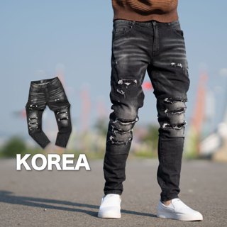 臺灣出貨 男裝【NB1783J】韓國製黑灰刷白破洞補丁造型合身版牛仔褲