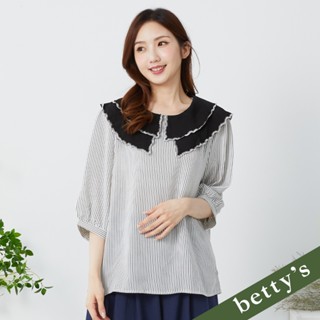betty’s貝蒂思(35)雙層刺繡荷葉邊翻領雪紡條紋上衣(黑色)