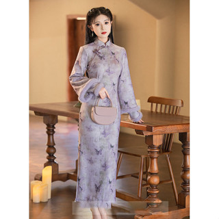 S-2XL 改良式旗袍洋裝 新中式國風女裝 紫色旗袍 新中式洋裝 秋冬季長袖加絨加厚 改良冬款高階感 顯瘦修身旗袍洋裝