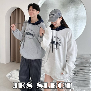 【JES】 韓國 厚磅 內刷毛 美式 復古 撞色帽 造型 USA 國旗 印花 刷毛 保暖 情侶 長袖 連帽長T 帽T