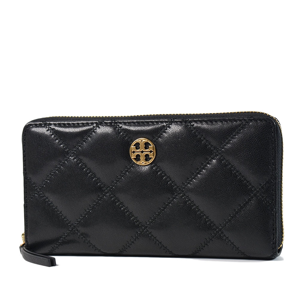 TORY BURCH Willa 金色LOGO菱格紋拉鍊長夾-黑色 【美國正品現貨】