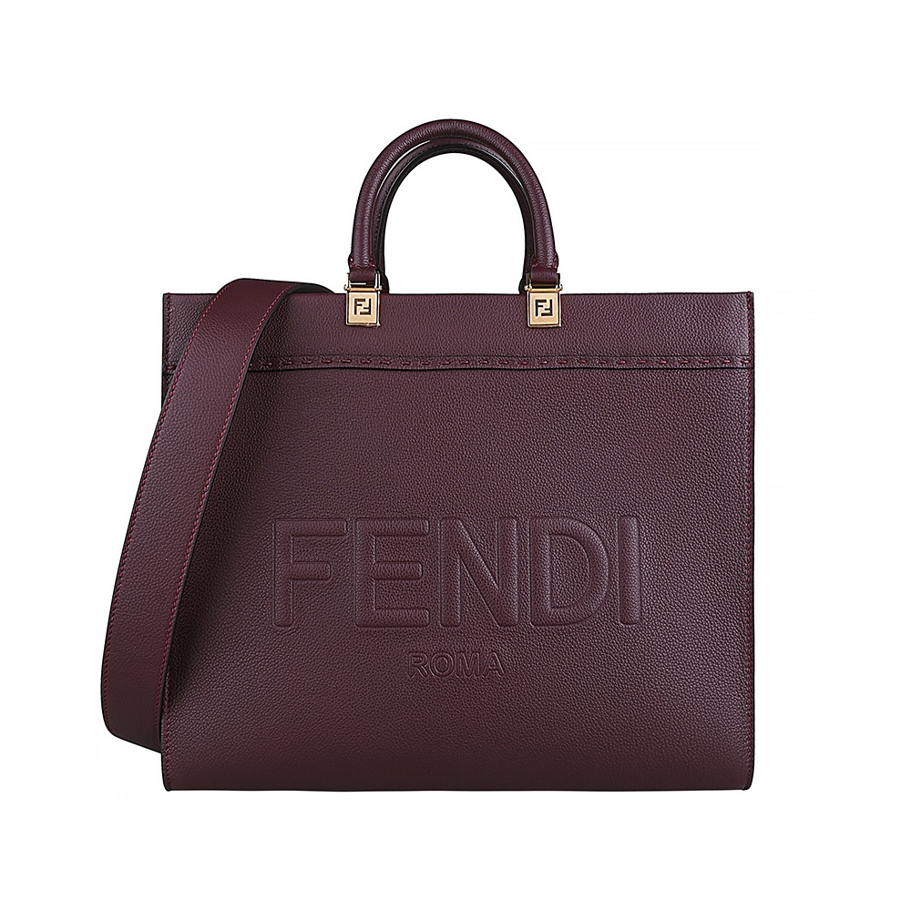 FENDI Sunshine浮雕字母LOGO荔枝紋設計牛皮手提肩背包(酒紅)