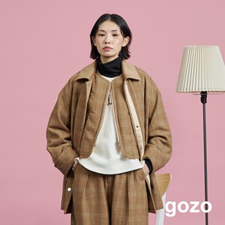 【gozo】格紋羊毛廓型爺爺風中長版大衣(咖啡/深咖 F) | 女裝 修身 保暖 羊毛 羊毛大衣 大衣 外套 冬天外套