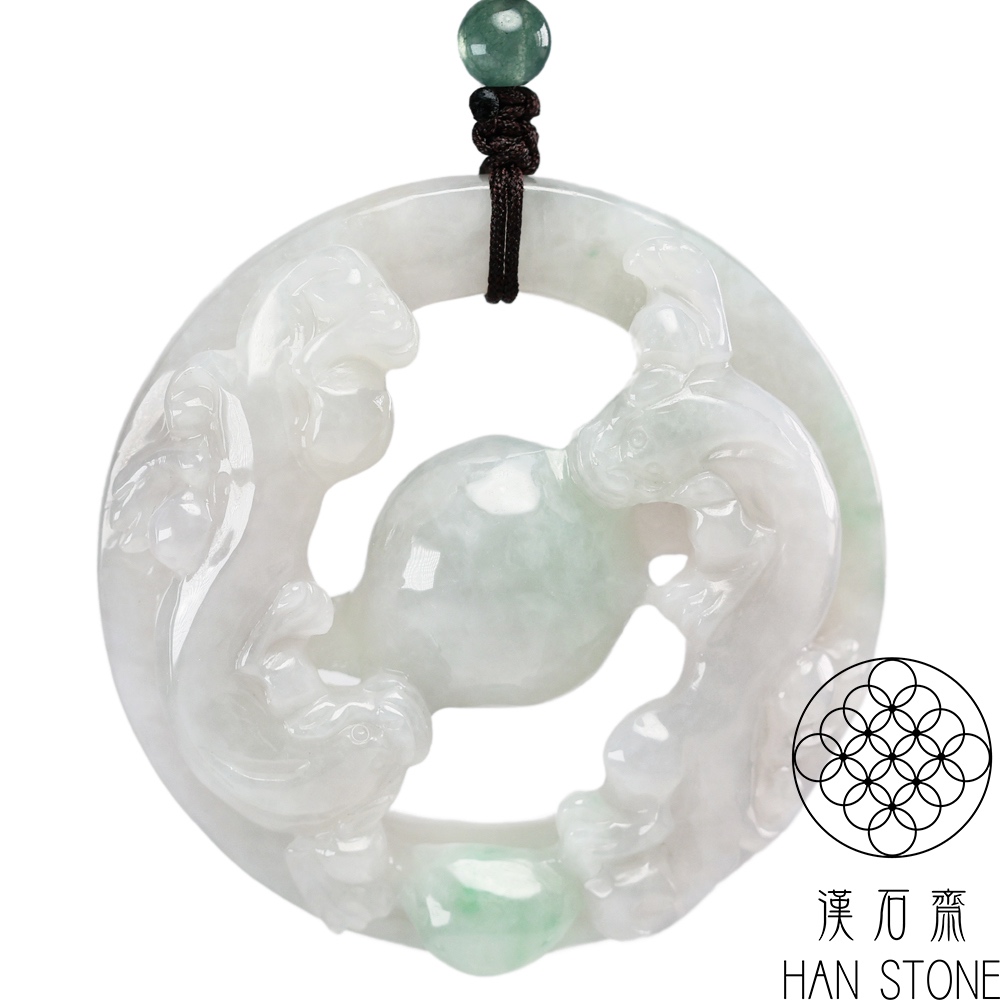 【漢石齋】天然翡翠A貨 獅獅如意鏤空雕玉佩吊墜 冰糯種飄花(52*52*13mm)