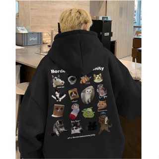 【NOSD】潮牌貓咪印花帽t 連帽上衣 長袖帽t 帽t 美式 oversize 黑色帽t 男生帽t 連帽帽t 冬天帽t