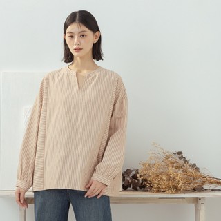 【MOSS CLUB】 條紋小V領微拋袖長袖襯衫 藍 桔 (魅力商品)