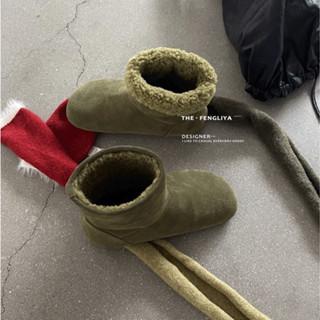 💕預購💕MeiPing家THEFENGLIYA 復古磨砂真皮圓頭羊羔毛雪地靴女加絨舒適保暖短靴冬