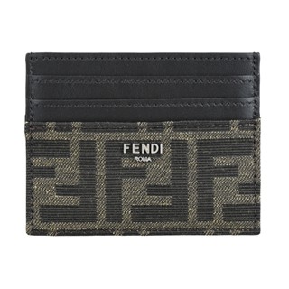 FENDI銀字金屬LOGO FF提花帆布搭小牛皮6卡卡夾(咖啡x黑)