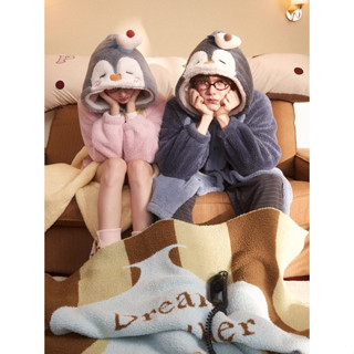 (預購)GUKOO果殼 ins 冬季小企鵝 連帽睡袍 情侶睡衣家居服