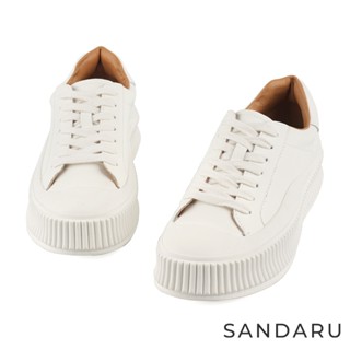 山打努SANDARU-小白鞋 真皮綁帶直紋厚底休閒鞋