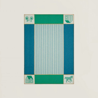 Hermes 愛馬仕 Avalon Les Cabanes 羊絨毛毯/藍綠色款/全新美品