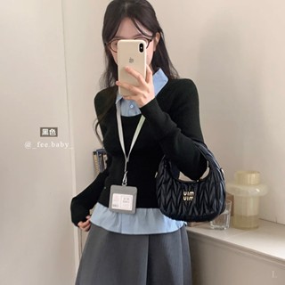 【Fee現貨4色】假兩件小銀標U領彈力針織上衣🔥拼接 翻領 排釦 襯衫 上衣 針織長袖毛衣 針織套裝 假兩件拼接襯衫