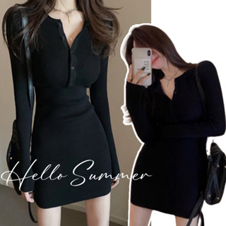 Hello Summer 現貨快速出貨❤️性感合身V領包臀裙長袖洋裝螺紋長版上衣 C2464