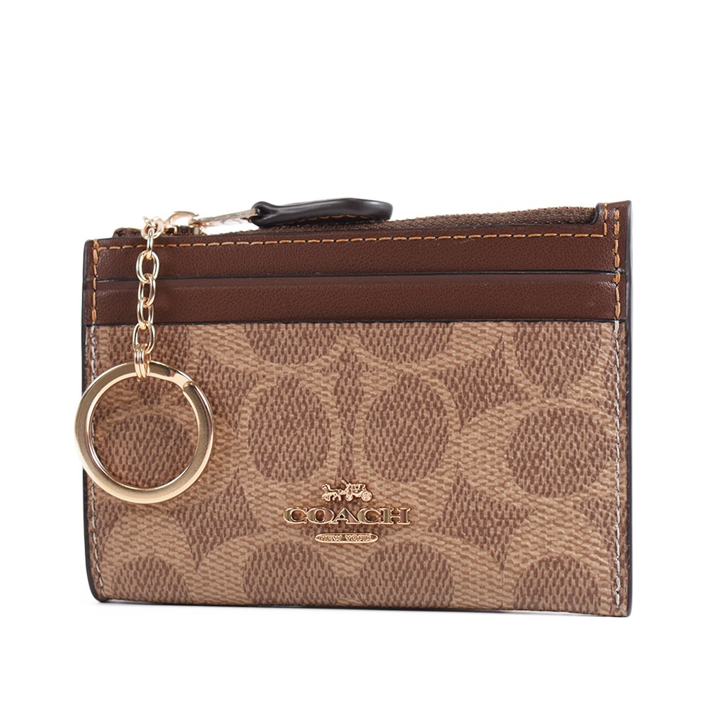 COACH 緹花LOGO防刮皮革證件鑰匙零錢包-棕褐 【美國正品現貨】