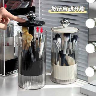 按壓升降帶旋轉化妝刷收納 刷具收納 化妝品收納 旋轉收納盒 化妝收納 眉筆刷子收納自動升降 化妝刷收納