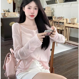 純慾風露背係帶防曬罩衫女 粉色 慵懶風 夏季新款 寬鬆顯瘦外搭超薄上衣 舒適