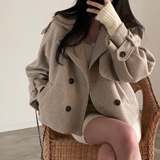 【太妮絲S584】現貨 西裝領雙排釦口袋毛呢外套 短版外套 百搭 小眾 風衣外套 冬天女裝 保暖 卡其外套
