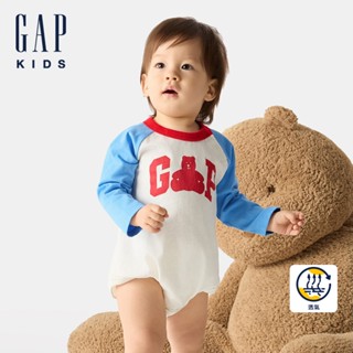Gap 嬰兒裝 Logo純棉小熊印花圓領長袖包屁衣 熊抱Logo系列-藍色(687241)