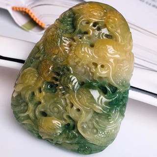 王0206天然A貨緬甸翡翠大厚件招財聚財黃翡綠翡雙色龍牌生肖九龍至尊飛龍在天龍翔九洲雙面雕玉墜吊墜掛件墜子胸墜項鍊項鏈