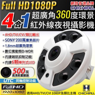 【CHICHIAU】四合一AHD/TVI/CVI/CVBS 1080P SONY 200萬超廣角360度環景6陣列攝影機
