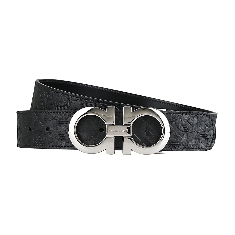 SALVATORE FERRAGAMO GANCINI金屬LOGO環扣圖案設計小牛皮雙面釦式皮帶(寬版/黑)