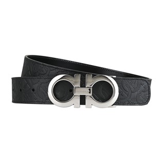 SALVATORE FERRAGAMO GANCINI金屬LOGO環扣圖案設計小牛皮雙面釦式皮帶(寬版/黑)