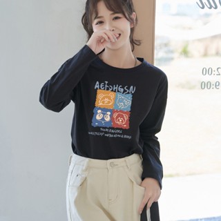 【Aonu】優質純棉 200g 長袖寬鬆休閒圓領大碼新款打底衫女 圓領長袖T恤 印花T恤 秋季新款學生韓版女上衣 3NF