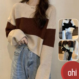【ohi】慵懶復古港風 條紋長袖針織衫 短款上衣 毛衣 寬鬆外穿 休閒百搭 上衣 針織衫 秋款女裝 GWD830