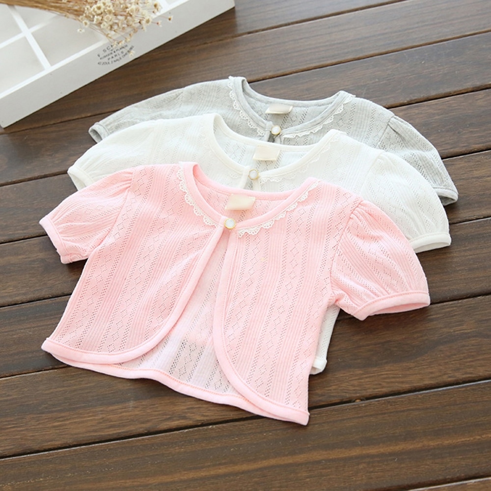 素面 草莓蕾絲簍空單扣小外套 短袖外套 薄外套 禮服搭配 婚禮 喜宴 花童 女童 兒童 童裝 橘魔法 現貨【BB6981