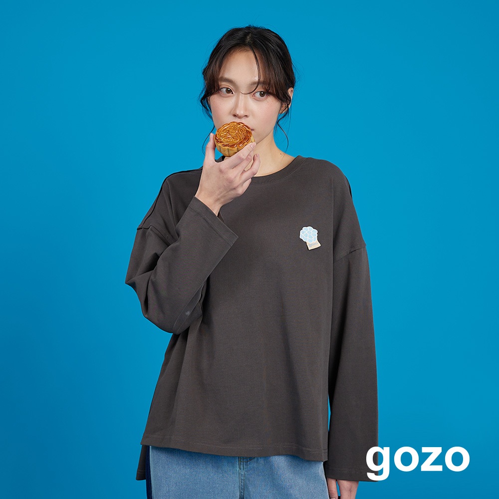 【gozo】傳統蛋糕做法噴印印花大學T(深灰/淺卡其_F) | 女裝 圓領 休閒